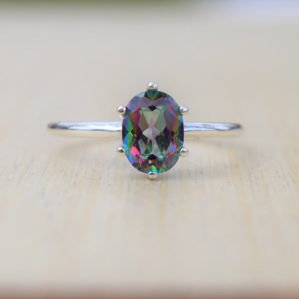 Mystic Topaz Ring, Solitaire Ring, Rainbow Topaz Ring, Mystic Rainbow Ring, Sterling Silver Ring, Promise Ring, Gift for Her