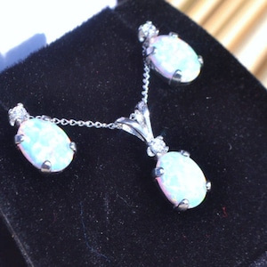 Lab Opal Sterling Silver Jewelry Set, Dangle Earrings, Cubic Zirconia