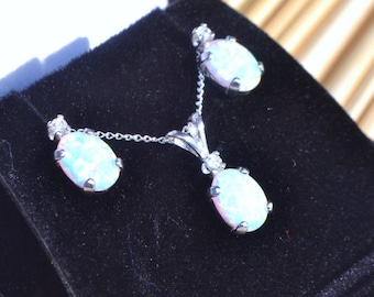 Lab Opal Sterling Silver Jewelry Set, Dangle Earrings, Cubic Zirconia