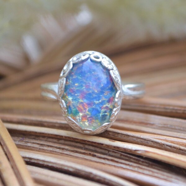 SALE! Blue Opal Ring, Sterling Silver Adjustable Ring, Opal Ring, Sterling Silver Ring, Adjustable Ring, Leaf Ring, Leaf Flower Design