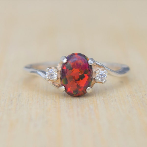 Fire Opal Ring, Red Opal Ring, Black Cherry Opal, Opal Ring, Silver Opal Ring, Lab Opal Ring, Birthstone Ring, Promise Ring