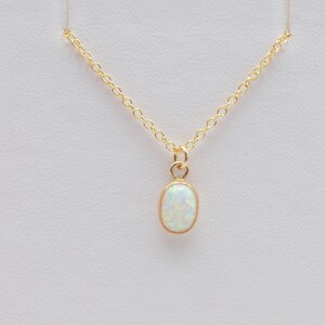 May include: A delicate gold chain necklace with a small oval opal pendant. The opal is a milky white color.