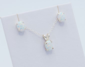 Lab Opal Necklace and Earring Set, Sterling Silver, Hypoallergenic