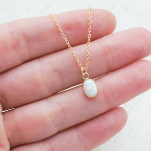 May include: A delicate gold chain necklace with a small oval opal pendant. The opal is white with a slight iridescent shimmer.