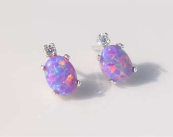 Pendientes de ópalo lavanda, pendientes de ópalo morado, pendientes de ópalo de fuego, pendientes de ópalo de plata, pendientes de piedra de nacimiento, ópalos de fuego
