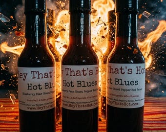 Hot Blues. Blueberry Pear Ghost Pepper Hot Sauce. 5 oz. Bottle