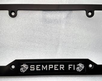 Clear Anodized,Black Badges MARINES SEMPER FI Billet Alum License Plate Frame
