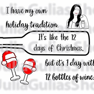 Puede incluir: Un fondo blanco con texto negro que dice "Tengo mi propia tradición navideña. Es como los 12 días de Navidad, pero es 1 día con 12 botellas de vino."
