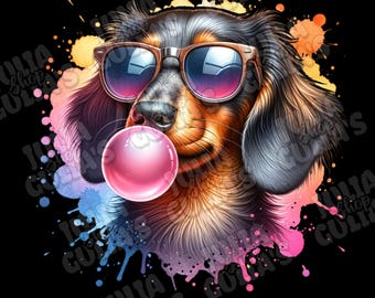 May include: A dachshund wearing sunglasses and blowing a pink bubble, with a colorful watercolor background.