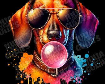May include: A dachshund wearing sunglasses and blowing a pink bubble. The dog is surrounded by colorful watercolor splatters.