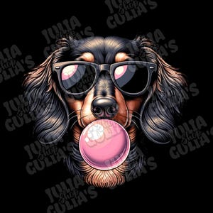 May include: A black and brown dachshund wearing sunglasses and blowing a pink bubble. The dog's tongue is sticking out.