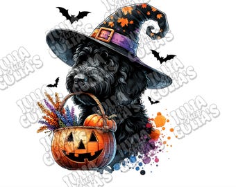 Garabato negro PNG, Goldendoodle de Halloween, murciélagos, calabazas Goldendoodle PNG, DTF, sublimación, acuarela