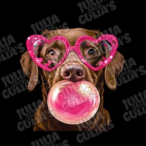 May include: A brown dog wearing pink heart-shaped sunglasses and blowing a pink bubble. The dog's eyes are visible through the sunglasses.