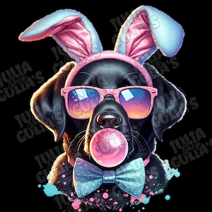 May include: A black Labrador Retriever wearing pink bunny ears, sunglasses, and a blue bow tie, blowing a pink bubble. The dog is against a black background with colourful paint splatters.