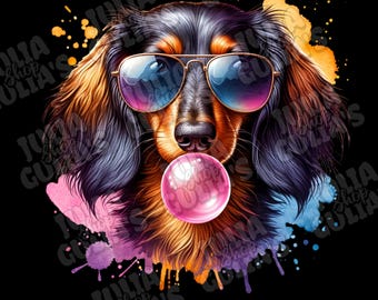 May include: A dachshund wearing sunglasses and blowing a pink bubble, with colorful watercolor splatters in the background.
