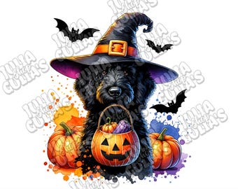Garabato negro PNG, Goldendoodle de Halloween, murciélagos, calabazas Goldendoodle PNG, DTF, sublimación, acuarela