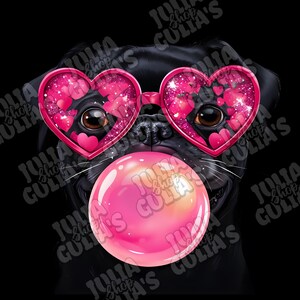 May include: A black pug wearing pink heart-shaped sunglasses with glitter and pink hearts, blowing a pink bubble.