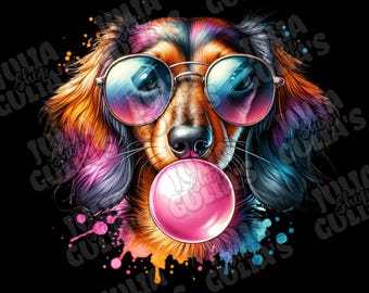 May include: A colorful illustration of a dachshund wearing sunglasses and blowing a pink bubble. The dog's fur is a mix of orange, pink, blue, and purple. The background is black with the text "Julia's Shop" repeated in various sizes and orientations.