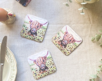 Posavasos con vaca de las Tierras Altas / Obra de arte de animales de granja con un toque original / Decoración de cocina rústica