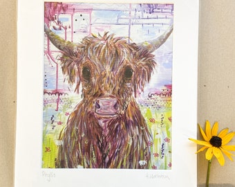 Highland koe kunst, koe kunstafdrukken, koe minnaar cadeau, boerderij kunst prints, 12x10" acryl koe print door kunstenaar H. Watterson Art
