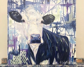 Lillian, Cow Art, Cow painting, Farm animals, Original Art, Christmas Gift, on canvas 16x16” H. Watterson Art