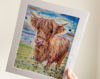 Highland cow Art, Koe kunst prints, Koe minnaar cadeau, Farm Art Prints, 12x10 "Acryl koe print door kunstenaar H. Watterson Art
