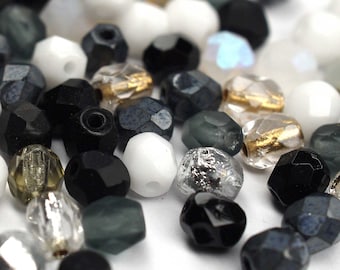 50 Mix Black White Bohemian Beads 4mm, Czech Hot Polished Faceted Glass Beads DIY Glass Cut 4mm