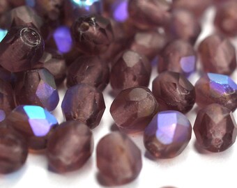 50 Matte Amethyst AB böhmische Perlen 4mm, tschechische feuerpolierte facettierte Glasperlen DIY Glasschliff