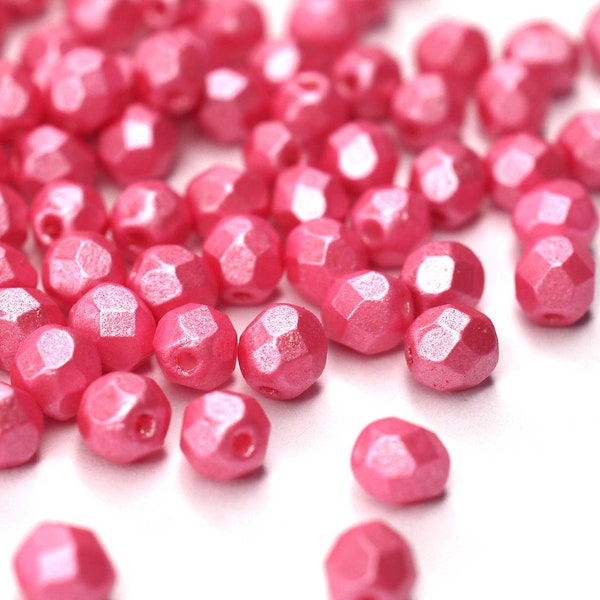 50 Pearl Shine Pink Bohemian Beads 4mm, Czech Fire Polished Faceted Glass Beads DIY Glass Cut 4mm