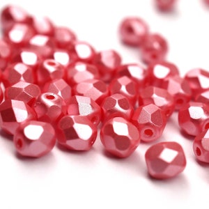 50 Alabaster Pastel Light Coral Bohemian Beads 4mm, Czech Fire Polished Faceted Glass Beads DIY Glass Cut 4mm
