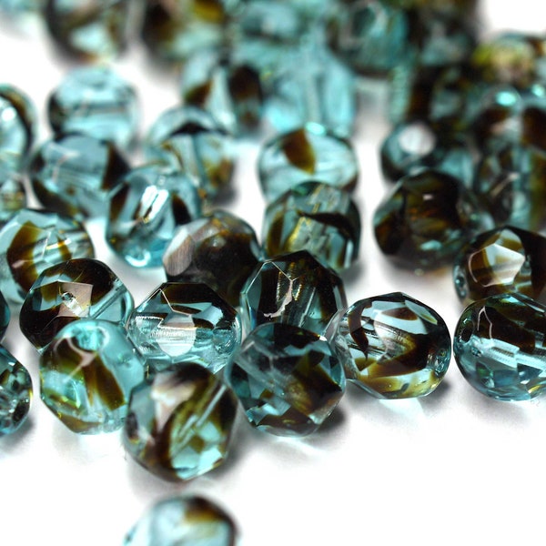 20 Teal / Tortoise Bohemian Beads 6mm, Czech Fire Polished Faceted Glass Beads DIY Glass Cuts