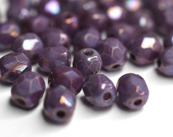 50 Chalk White Iris Violet Bohemian Beads 4mm, Czech Fire Polished Faceted Glass Beads DIY Glass Cuts