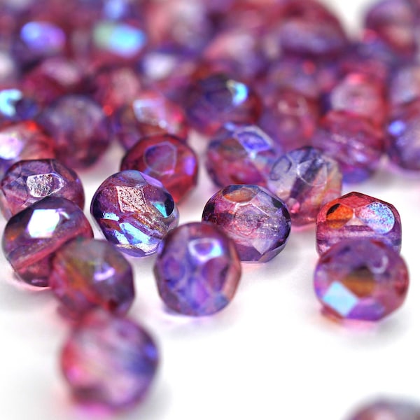 20 Dual Coated Pink/Blue AB Bohemian Beads 6mm Czech Fire Polished Faceted Glass Beads DIY Glass Cuts