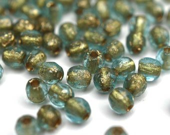 50 Aquamarine Iced Gold Lined böhmische Glasperlen 3mm, tschechische feuerpolierte facettierte Glasperlen DIY Glasschliff