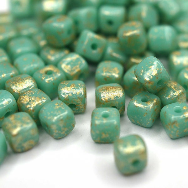 50 Opaque Turquoise Gold Splash, böhmische Glasperlen 4mm, tschechische feuerpolierte facettierte Glasperlen DIY Glasschliff