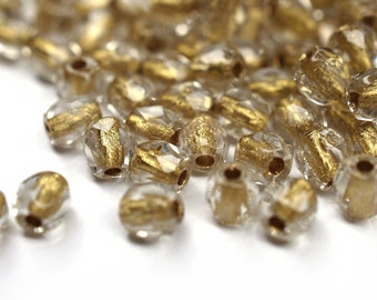 50 Gold Line Crystal böhmische Perlen 3mm, tschechische feuerpolierte facettierte Glasperlen DIY Glasschliff