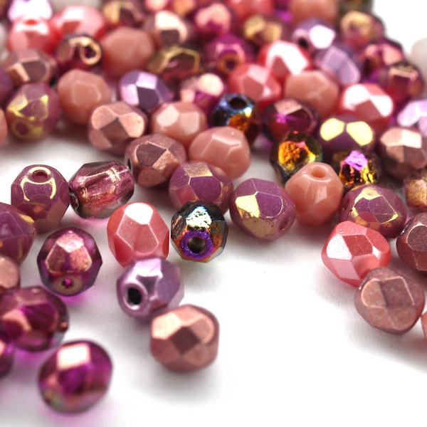 50 Mix Pink Pink Glitter Bohemian Beads 4mm, Czech Fire Polished Faceted Glass Beads DIY Glass Cut 4mm