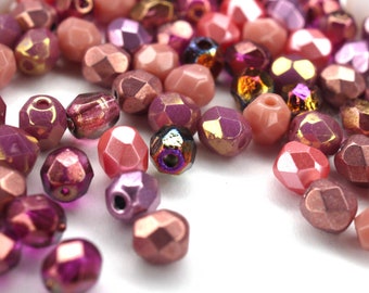 50 Mix Pink Pink Glitter Bohemian Beads 4mm, Czech Fire Polished Faceted Glass Beads DIY Glass Cut 4mm