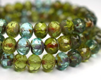 20 5 x 7mm Aqua & Green Mix Picasso Rondelle - Bohemian Beads, Czech Fire Polished Faceted Glass Beads DIY Glass Cuts