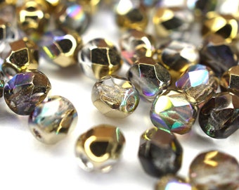 50 Golden Rainbow Bohemian Beads 4mm, Czech Fire-Polished Faceted Glass Beads DIY Glass Cut