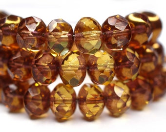 10 Light Topaz Bronze Rondelle Bohemian Beads 6 x 8 mm, Czech Fire Polished Faceted Glass Beads DIY Glass Cuts