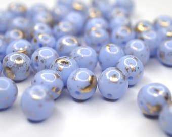 20 Light Opaque Sapphire Gold Splash, böhmische Kugelperlen 6mm, tschechische feuerpolierte Glasperlen DIY Glasschliff