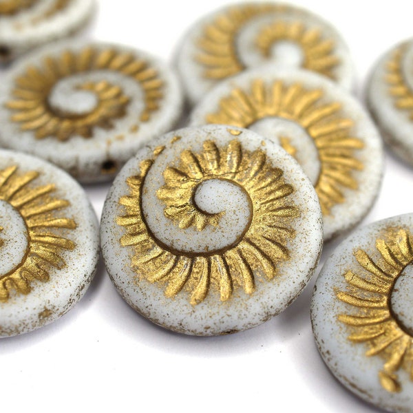 4 Glasperlen Matte Alabaster White Gold Fossil Coin Ornament, Schmuck selber machen, DIY weiß