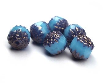 8mm Sky Blue Coral Bronze Bohemian Baroque Glass Beads, 6pcs Beads DIY