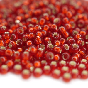 May include: A close-up of a pile of small, round, red glass beads with a gold metallic finish.