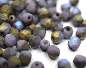 50 Etched Lilac Golden Rainbow böhmische Perlen 4mm, tschechische feuerpolierte facettierte Glasperlen DIY Glasschliff