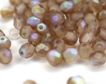 50 Matte Crystal Brown Rainbow Bohemian Beads 4mm, Czech Fire Polished Faceted Glass Beads DIY Glass Cut