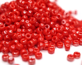 430 EUR/kg || 10g Luster Coral Red, Czech Seed Beads Matubo, 8/0, Rocailles Schmuck DIY, Mini-Perlen