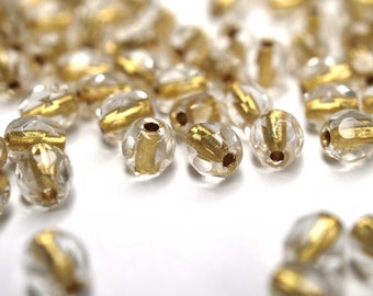 50 Gold Line Crystal Bohemian Beads 4mm, Czech Fire Polished Faceted Glass Beads DIY Glass Cut