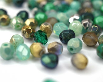 50 Mixed Mint Aqua Turquoise Bohemian Glass Beads 4 mm, Czech Fire Polished Faceted Glass Beads DIY Glass Cut 4 mm
